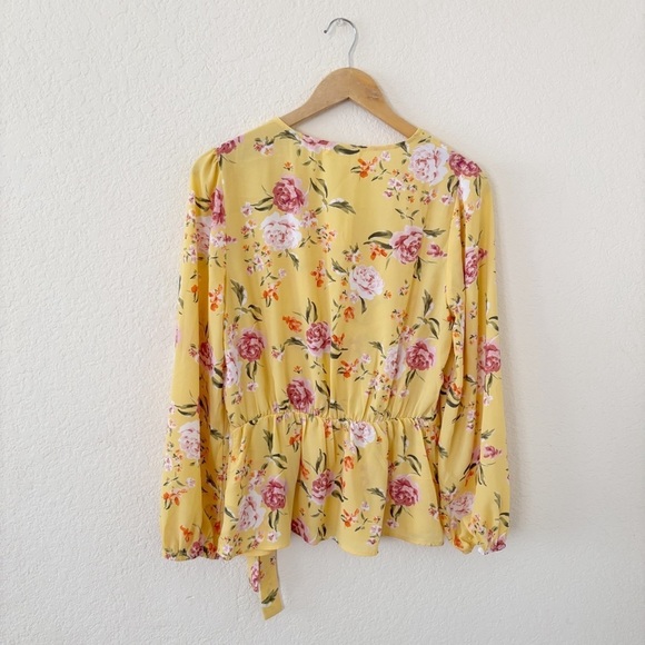 Pleione Yellow and Pink Wrap Blouse with Tie Front - Picture 8 of 12